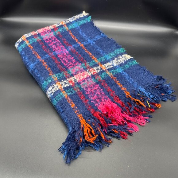 Plaid Throw Blanket Pink Blue Fringe Acrylic Pretty Persuasions 60 X 48 Inches